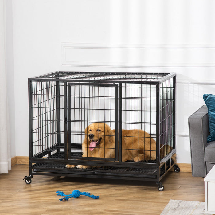 Pawhut Heavy Duty Dog Crate Cage For Large Dogs Cats With Two Doors, Lockable Wheels, Removable Tray