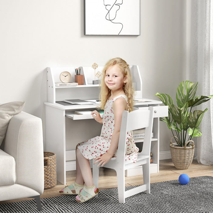 Qaba Kids Desk And Chair Set For 5-8 Year Old With Storage, Study Table And Chair For Children, Whit