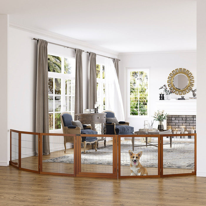 Pawhut Wooden Pet Gate, Dog Safety Barrier, Freestanding Foldable Fence, W/ 6 Panels, 2 Support Feet