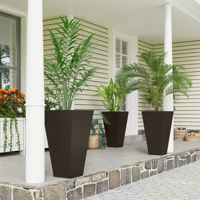 Outsunny 28" Tall Plastic Planters, Set of 3 Garden Flower Pots, Brown