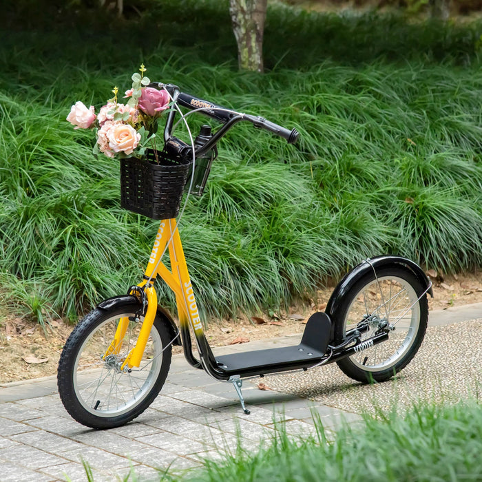 Aosom Kick Scooter For Kids Teen Ride On Children Scooter With Adjustable Handlebar 2 Brakes Basket Cupholder Mudguard 16" Inflatable Rubber Tyres Orange