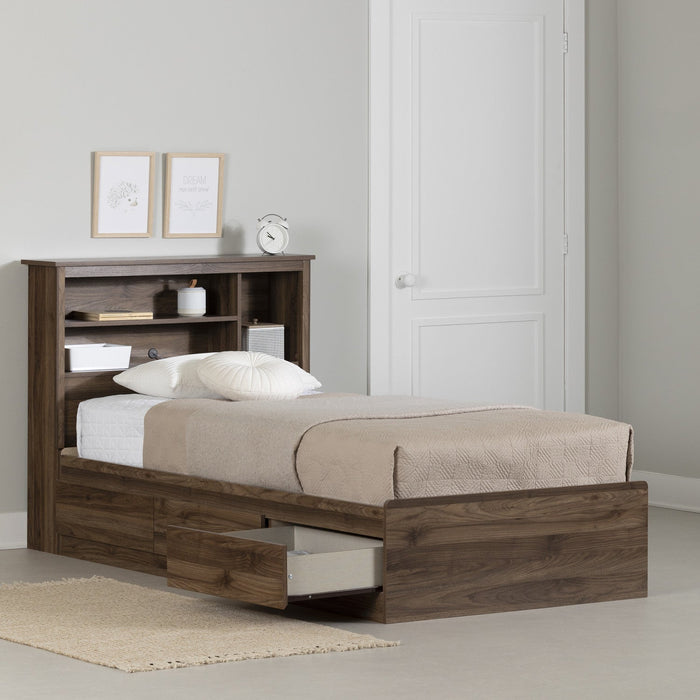 Yodi Mates Bed And Bookcase Headboard Set Natural Walnut - South Shore Twin Bed