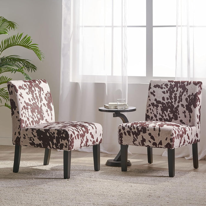 Oliver Linen-look Fabric Accent Chair Set Of 2 With Rubberwood Legs - Brown and White 