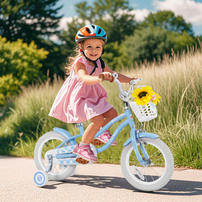 Costway 14" Kid's Bike With Removable Training Wheels & Basket For 3-5 Years Old Blue