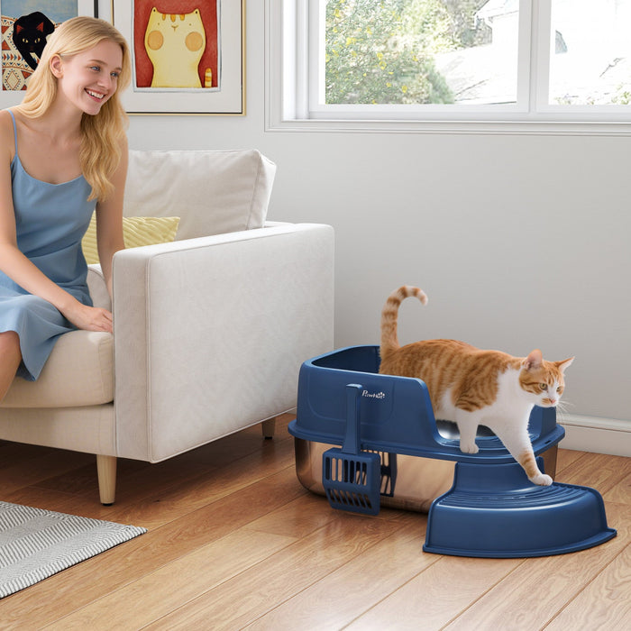 PawHut Stainless Steel Cat Litter Box, High Sided Cat Litter Box with Scoop for Kittens, Anti-Leakage, Easy to Clean, Odor Control Design, Navy Blue