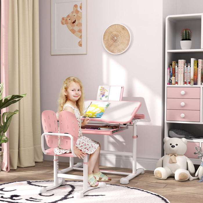 Qaba Kids Desk And Chair Set, Height Adjustable Kids Study Table And Chair Set With Tilt Desktop, La