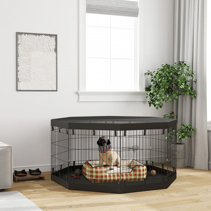 Pawhut Dog Playpen, 8 Panels Foldable Dog Pen With Waterproof Bottom Pad, Sunproof Top Cover, 30\"h D