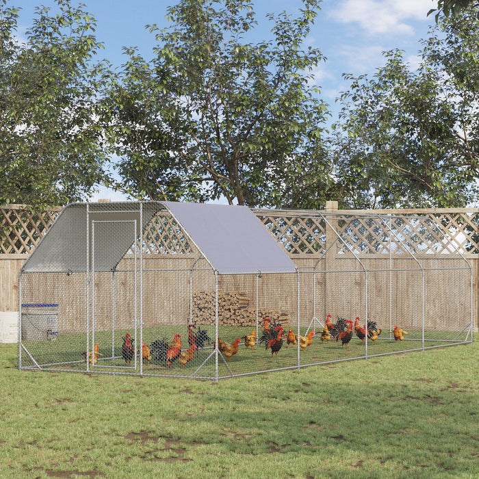Pawhut Chicken Run, Galvanized Large Metal Chicken Coop Cage, Walk-in Enclosure Poultry Hen Run Hous