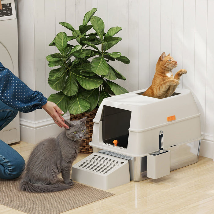Pawhut Stainless Steel Cat Litter Box With Lid, Metal Litter Pan Tray With High Sided, Scoop, 34.5l, Easy Clean, Non-sticky & Anti-leakage, Light Grey
