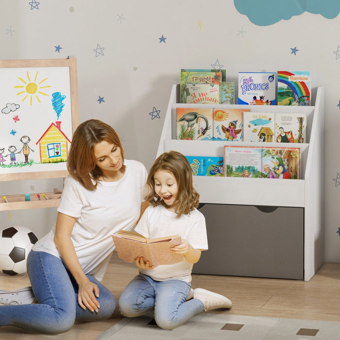 Qaba Kids Bookshelf, Bookcase Toy Storage Organizer With 3 Tier Display Shelves, Drawer, For Nursery, Bedroom, Living Room, Classroom, Grey
