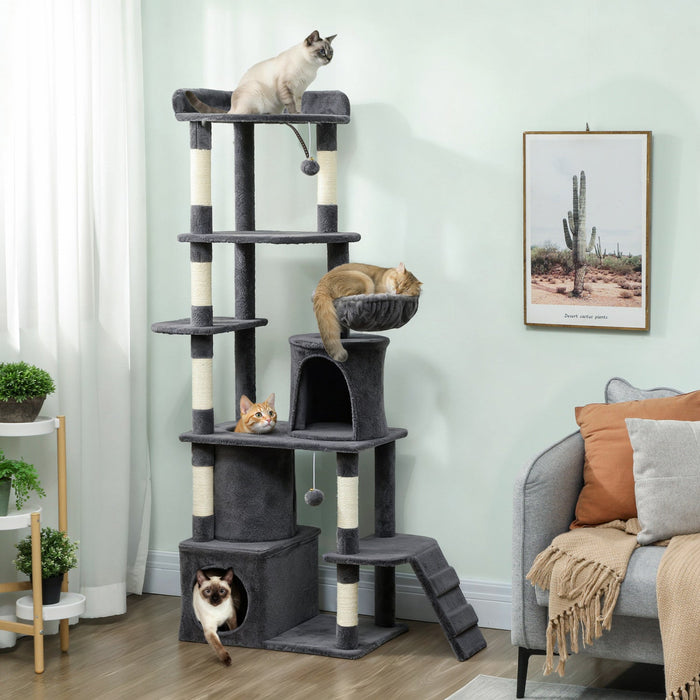PawHut Cat Tree, 67" Large Cat Tower for Indoor Kittens Multi-Level with 7 Scratching Posts, Tunnel, 2 Plush Condos, Hammock, Perch, Ramp, Pompoms, Dark Grey