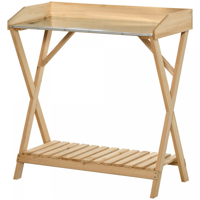 Outsunny Garden Potting Bench Table, Wooden Work Station, Outdoor Planting Workbench W/ Galvanized M