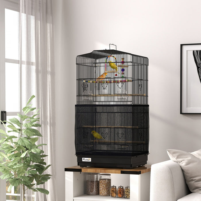 Pawhut 36" Bird Cage For Finches, Canaries Budgies, Parrot Cage With Accessories, Handle, Mesh Cover, Tray, Black