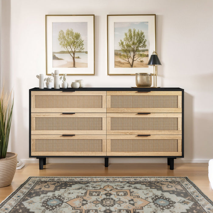 59\" Mila Modern 6 Drawer Rattan Storage Cabinet with Engineered Wood Frame - Black 