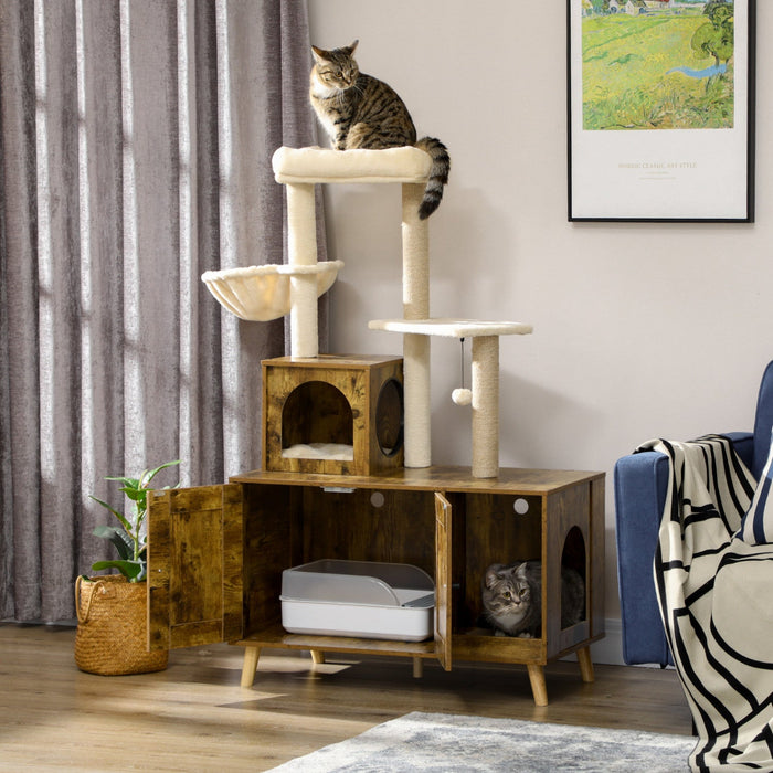 Pawhut Litter Box Enclosure With Cat Tree Tower, Hidden Cat Washroom Furniture With Condo, Scratchin