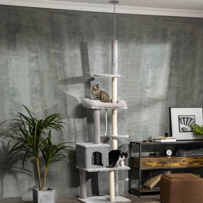 Pawhut Cat Tree Floor To Ceiling Cat Tower Height Adjustable( 85-101 Inches), Tall Large Cat Climbin