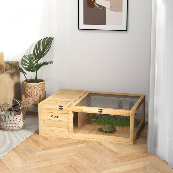 Pawhut Wood Tortoise House Indoor Outdoor Turtle Habitat Reptile Cage For Lizards, Geckos, 35.8\" X 2