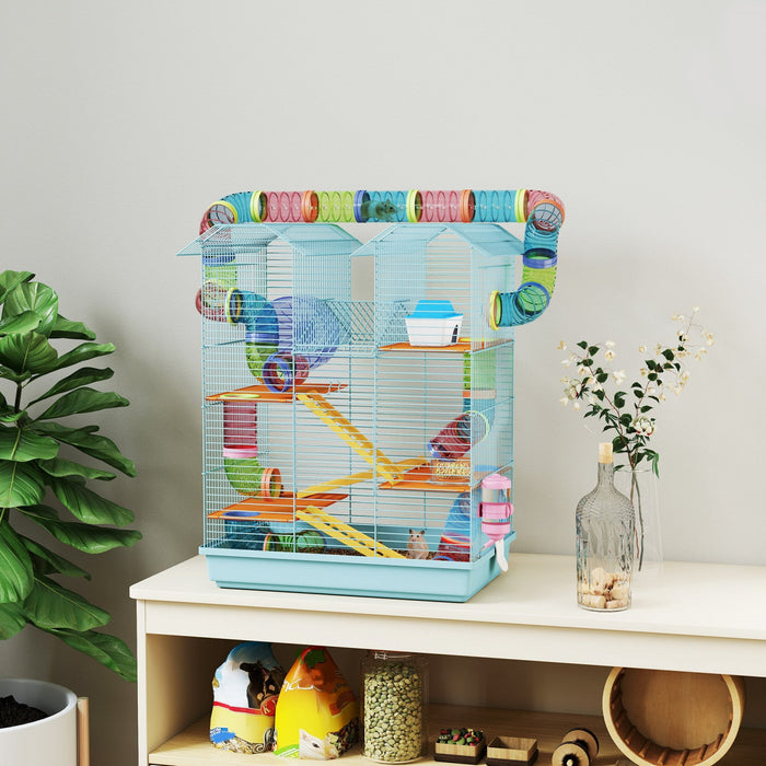 Pawhut 18.5" Hamster Cage, 5 Tiers Small Animal House With Tunnel Tube System, Exercise Wheel, Water Bottle, Food Dish, Ramp, Light Blue