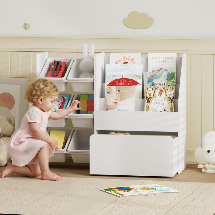 Qaba Kids Bookshelf and Toy Storage, 3-Tier Bookcase with 6 Removable Bins and Large Rolling Box, Montessori Toy Organizer for Toddler Nursery Playroom Bedroom, White