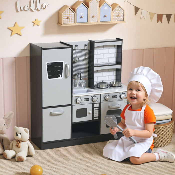 Qaba Play Kitchen for Kids, Pretend Kids Kitchen Playset with Switch Knob Sound, Accessories, Fridge, Microwave, Sink and Towel Rack, for Toddlers Ages 3-8 Years Old, Dark Brown
