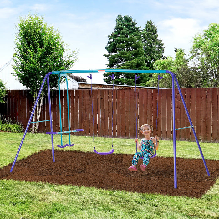 Outsunny 3 in 1 Metal Swing Set with Double Swings, Glider, Kids Swing Set for Backyard, Outdoor, Playground, Purple