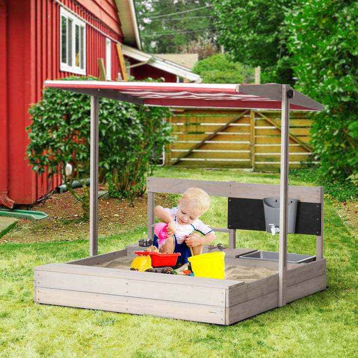 Kids Sandbox With Cover, Wooden Sand Box With Adjustable Cover, Kitchen Playset Toys, Seat, Storage,
