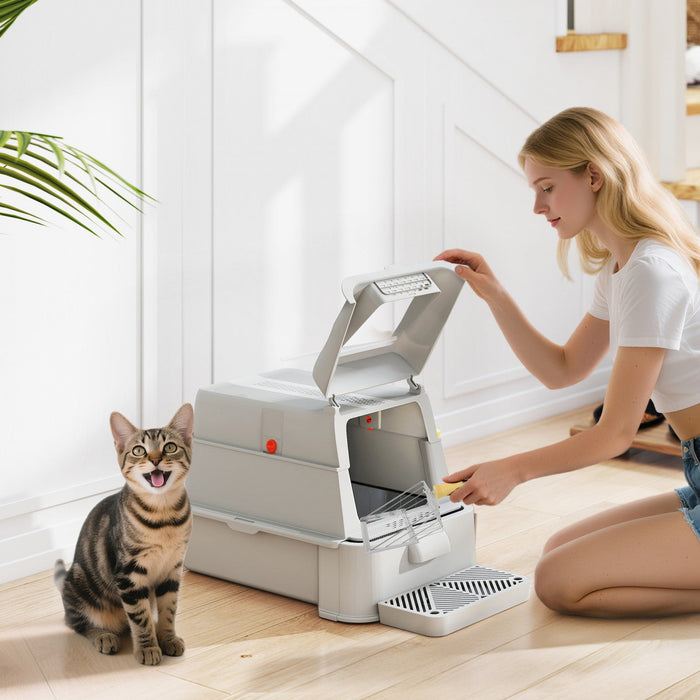 PawHut 80L Stainless Steel Litter Box with Lid, XL Cat Litter Box for Big Cats with 180° Flip Cover, Pull-Out Drawer Tray, High Sided, Pedal, Scoop, Light Grey