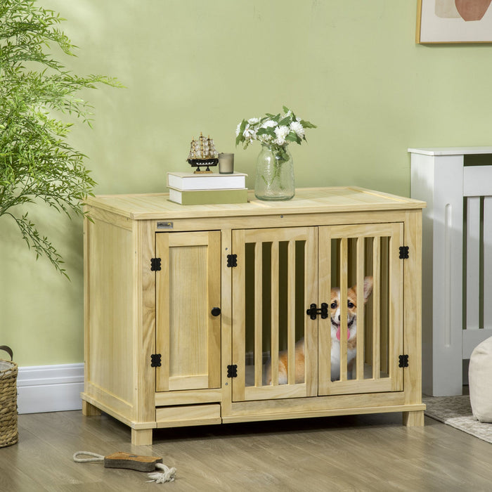 Pawhut Wooden Dog Crate Furniture With Drawer Bowl Storage, Dog Kennel End Table With Cushion For Sm