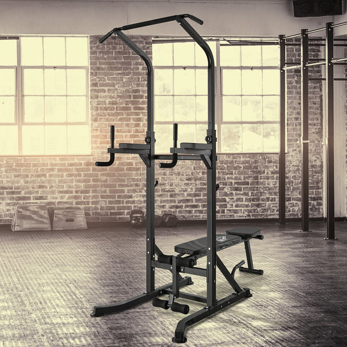 Soozier Foldable Power Tower Pull Up Dip Station With Adjustable Bench