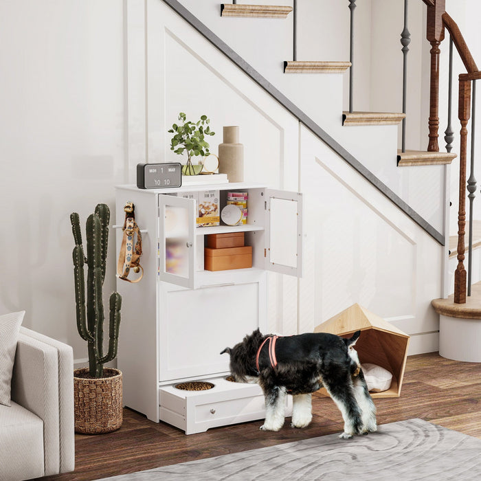 Pawhut Dog Feeding Station With 2 Storage Cabinets, Dog Food Storage Cabinet With 2 Raised Dog Bowls
