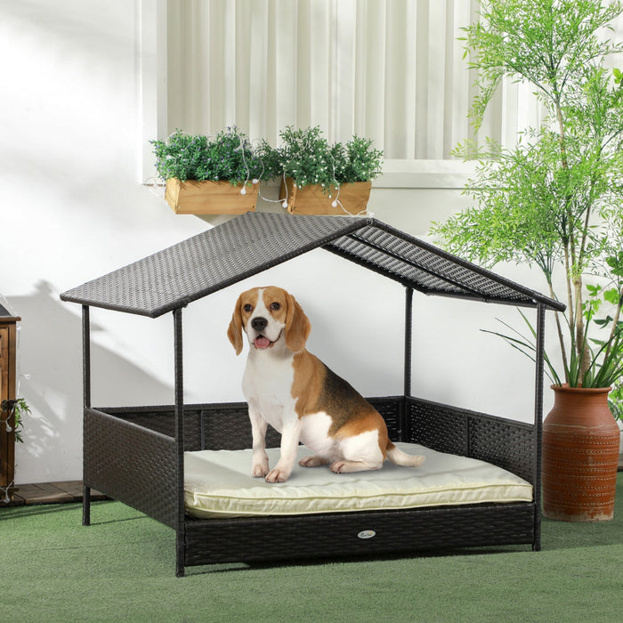 Pawhut Rattan Dog House Outdoor With Shade Canopy, Elevated Wicker Dog Bed With Soft Cushion Washabl