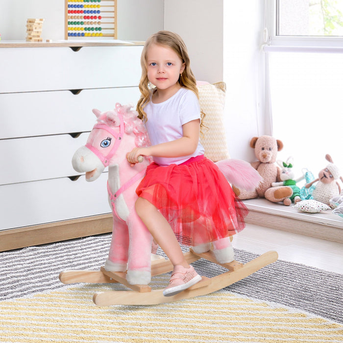 Qaba Kids Plush Rocking Horse Child Ride On Toy Rocker With Realistic Sounds Pink
