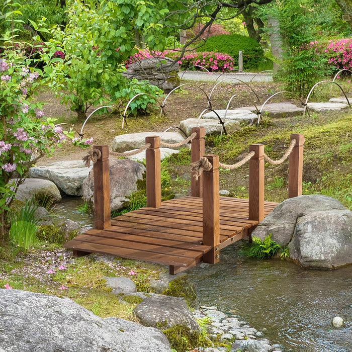 Outsunny 5ft Wooden Garden Bridge Outdoor Decorative Arc Footbridge With Hemp Rope Railings & Fir Co