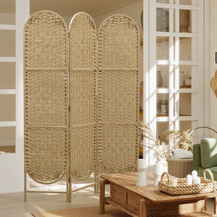 HOMCOM 3 Panel Room Divider, Bohemian Folding Privacy Screen, Natural Wood