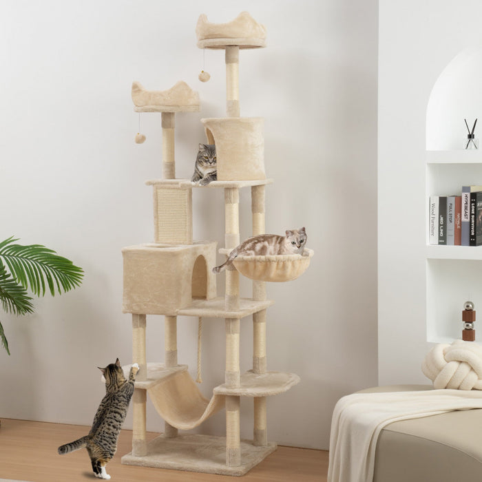 Pawhut Cat Tower, 81" Cat Tree For Large Cats Adult W/ Scratching Posts, Scratching Board, Cat Condos, Cat Beds, Hammocks, Jumping Platforms, Toy Balls, Rope Cat Toy, Beige