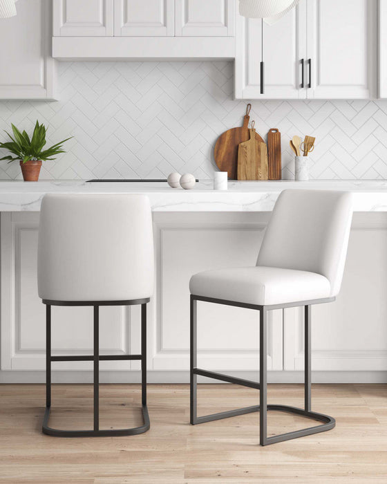 Serena Modern Metal Upholstered Counter Stool in White - Set of 2 Bar Stool 