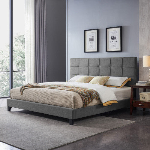 Lucia Upholstered Platform Bed Frame With Tufted Waffle Stitching,king Size,charcoal King Bed 