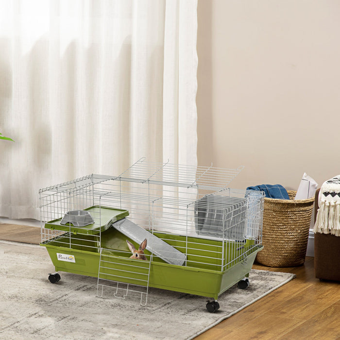 Pawhut 35\" Small Animal Cage, Rolling Bunny Cage, Guinea Pig Cage With Food Dish, Water Bottle, Hay 