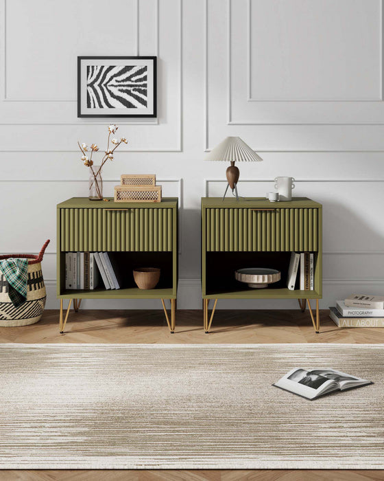 Dumbo Modern 20\" Fluted Nightstand in Olive Green (1-Drawer) - Set of 2 