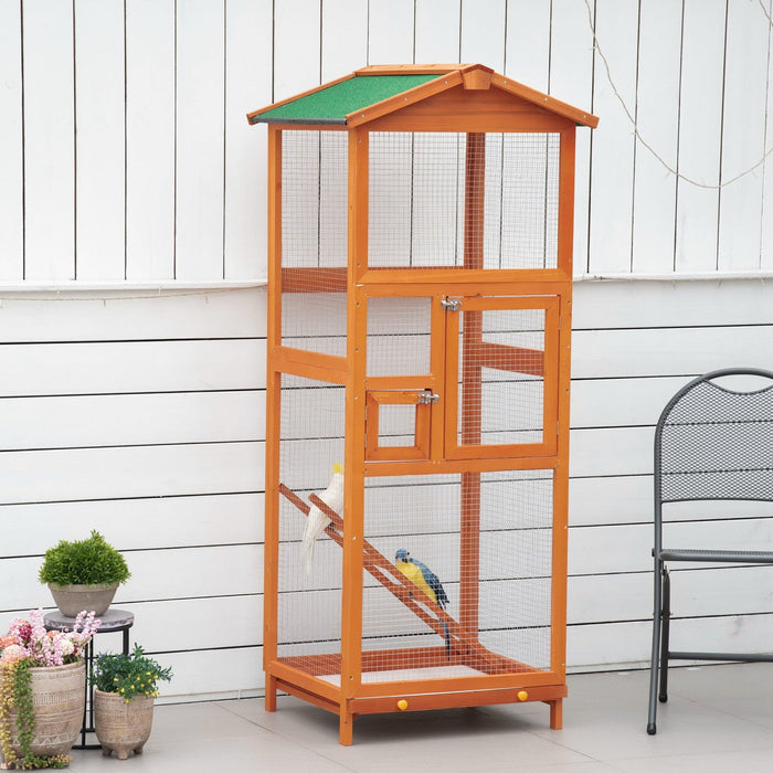 Pawhut 65" Bird Cage Wooden Bird Cage Stand With Two Doors, Ladder And Pull Out Tray For Finches, Orange