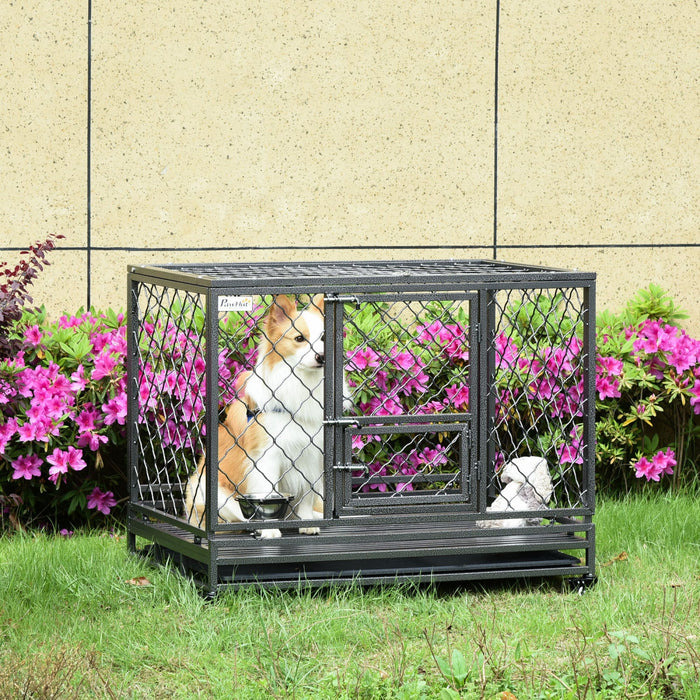 Pawhut Heavy Duty Dog Crate, Metal Dog Kennel Cage With Wheels, Openable Top, Removable Tray, Stainl