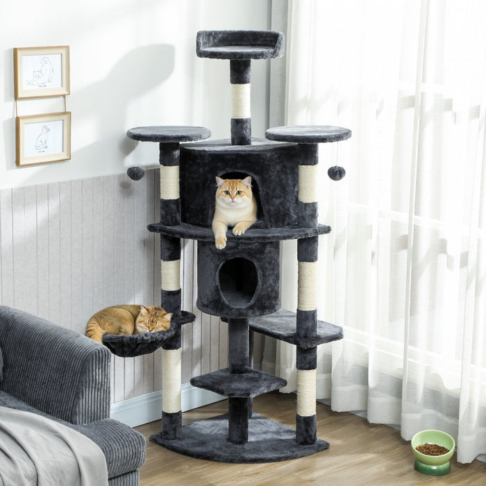 PawHut Cat Tree, 62" Multi-Level Cat Tower with Scratching Posts, 2 Condos, Hammock, Perches, Plush, Pompoms, for Indoor Kittens Playing, Resting, Sleeping, Dark Grey