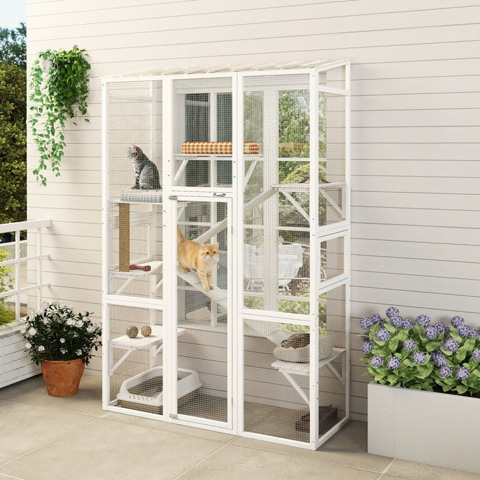 PawHut Catio Outdoor Cat Enclosure, Large Wooden Cat House with 6 Platforms, Scratching Post, 2 Ramps, Waterproof Roof, Walk-in Kitty Cage for 2–3 Kittens, 64" x 24" x 99", White