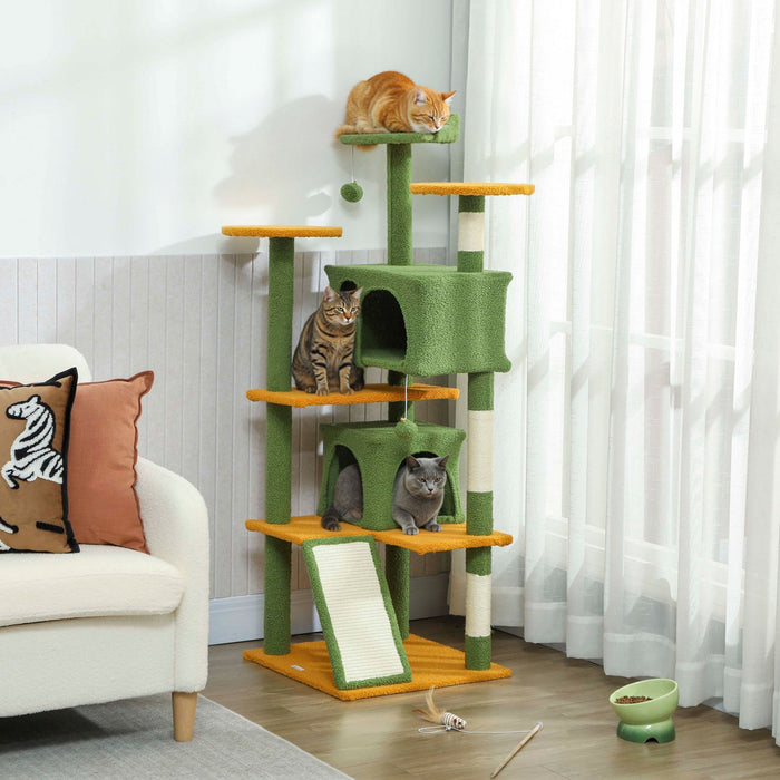 PawHut 54" Cat Tree, Cat Tower for Indoor Cats with Scratching Posts, Cat Condos, Bed, Platforms, Ramp, Toy Ball, Cat Activity Center, Green