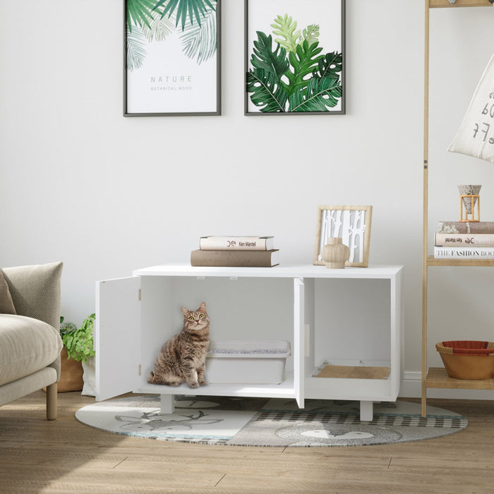 Pawhut Wooden Cat Washroom Pet Litter Box Enclosure Kitten House Nightstand End Table With Scratcher