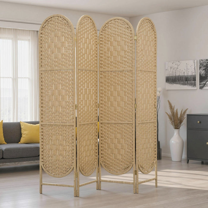 HOMCOM 4 Panel Room Divider, Bohemian Folding Privacy Screen, Natural Wood