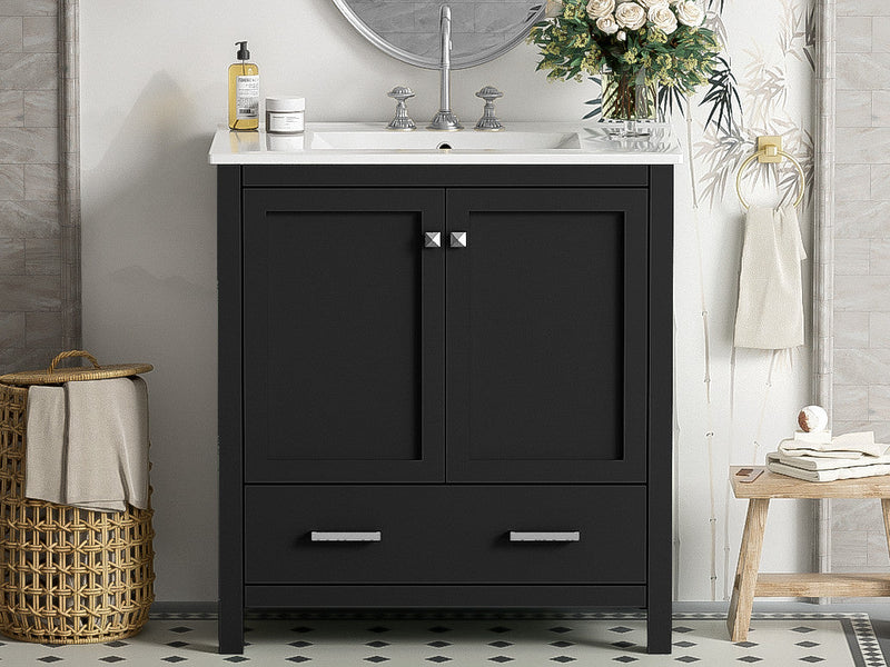 Erica 30\" Solid Wood Bathroom Vanity With Single Ceramic Sink - Black 