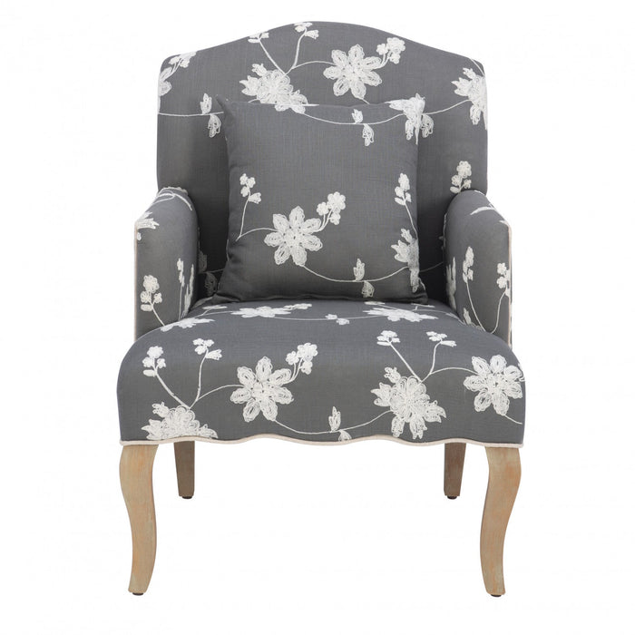 Kenna Embroidered Linen-Look Fabric Floral  Accent Chair - Grey