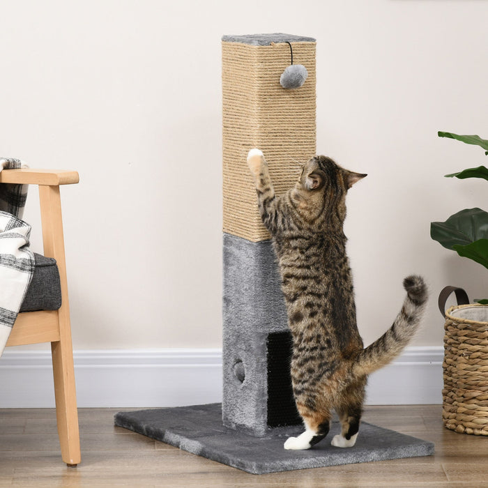 Pawhut Cat Scratching Post, 31" Tall Cat Scratcher For Indoor Cats, Natural Sisal Cat Scratch Post With Hanging Balls, Grooming Brushes, Stable Base, Grey