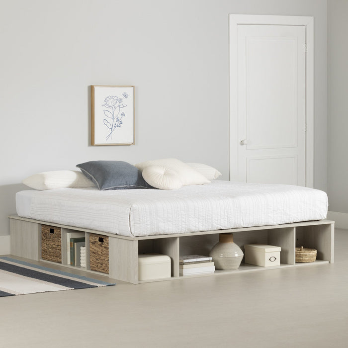 Avilla Storage Platform Bed With Wicker Baskets - Winter Oak 